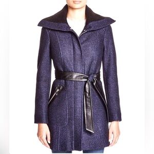 Via Spiga Navy Wool Coat with Faux Leather Trim